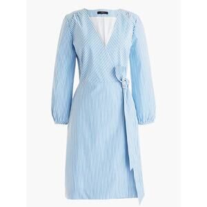 J CREW blue white cotton knee length lined wrap dress striped cotton poplin